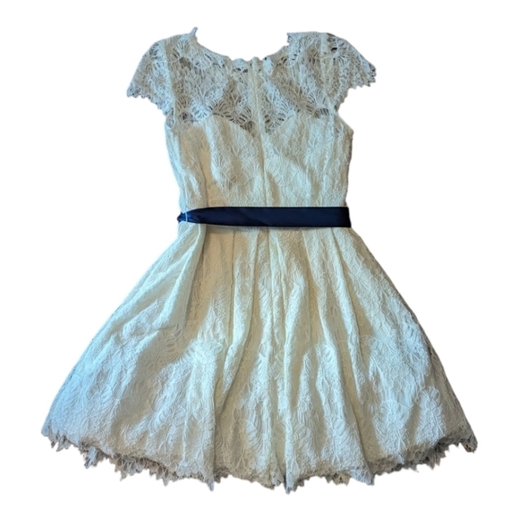ivory lace dress tulle lined coquette ribbon belt fit & flare Party dress sz 14 - Picture 6 of 8
